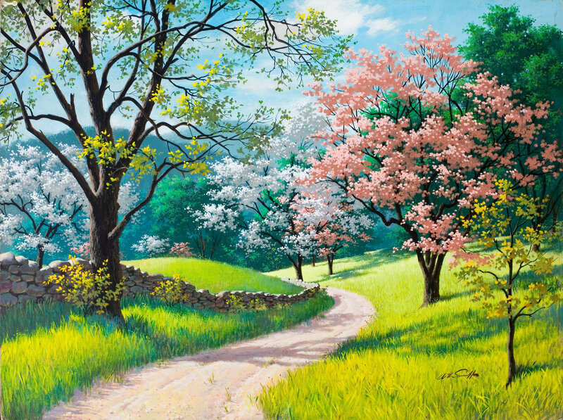 Spring Path with Blooming Trees — Green