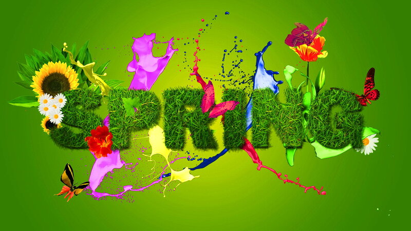 Spring Text with Flowers — Green, Vibrant, Digital Art
