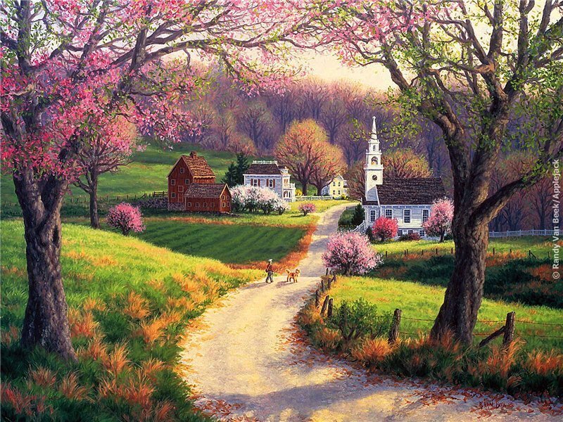 Spring village with church