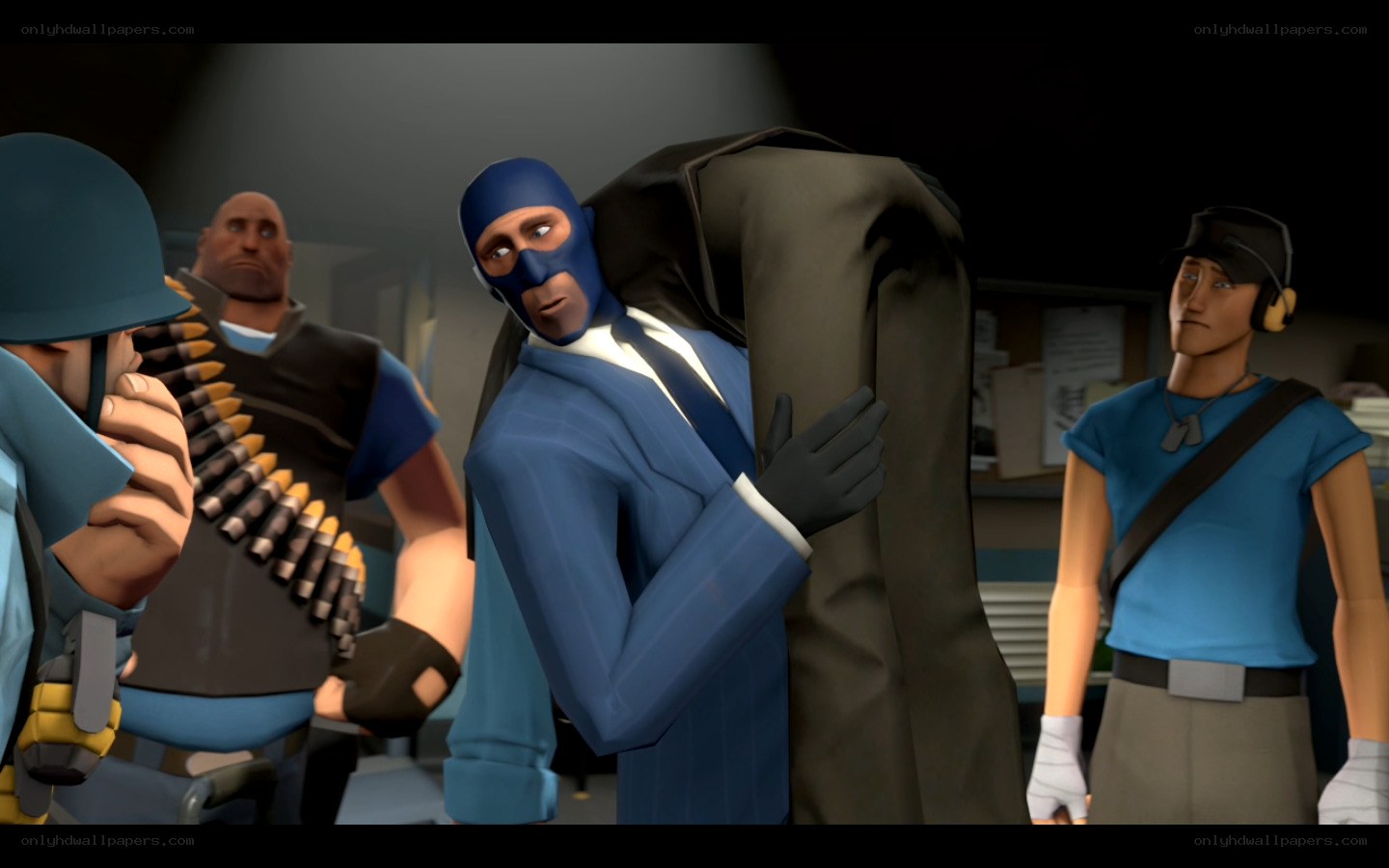 Spy character in a team scene