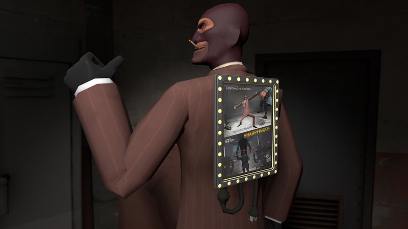 Spy character with movie poster
