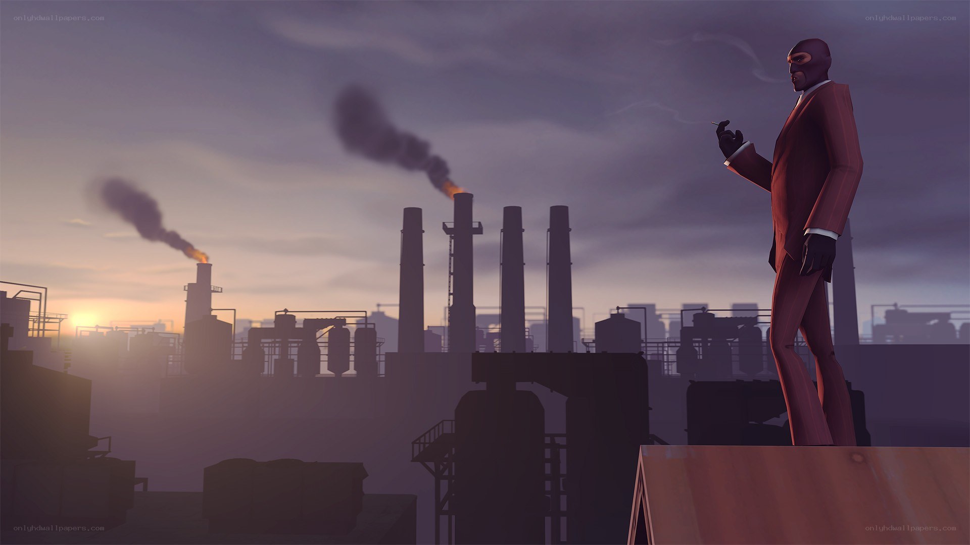 Spy in a red suit at sunset