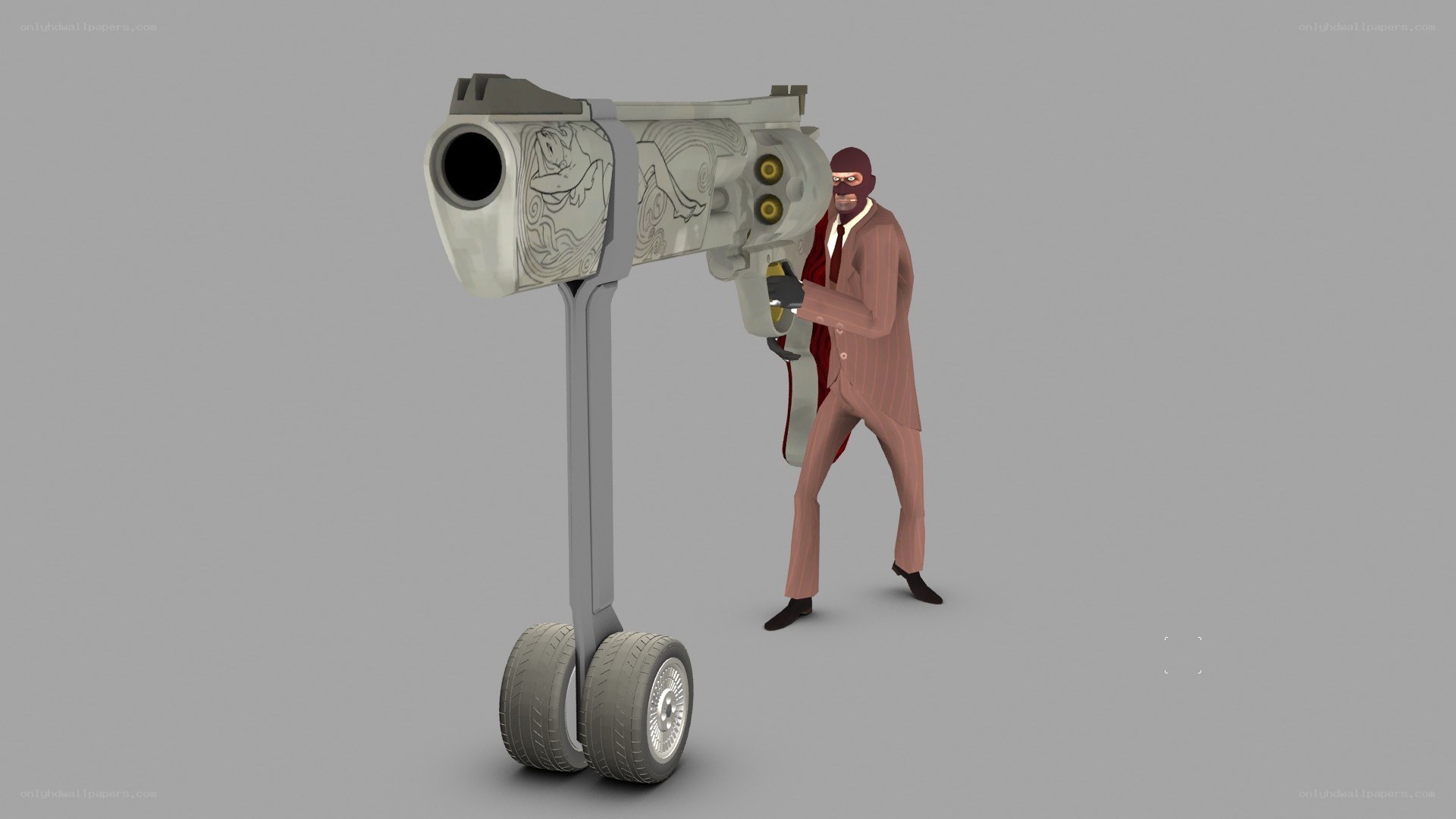 Spy with giant revolver