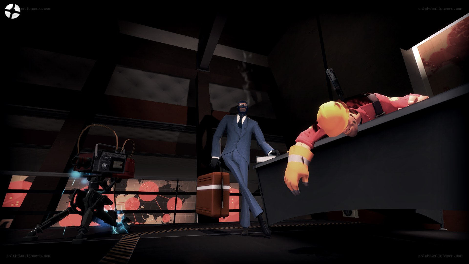 Spy with suitcase in control room
