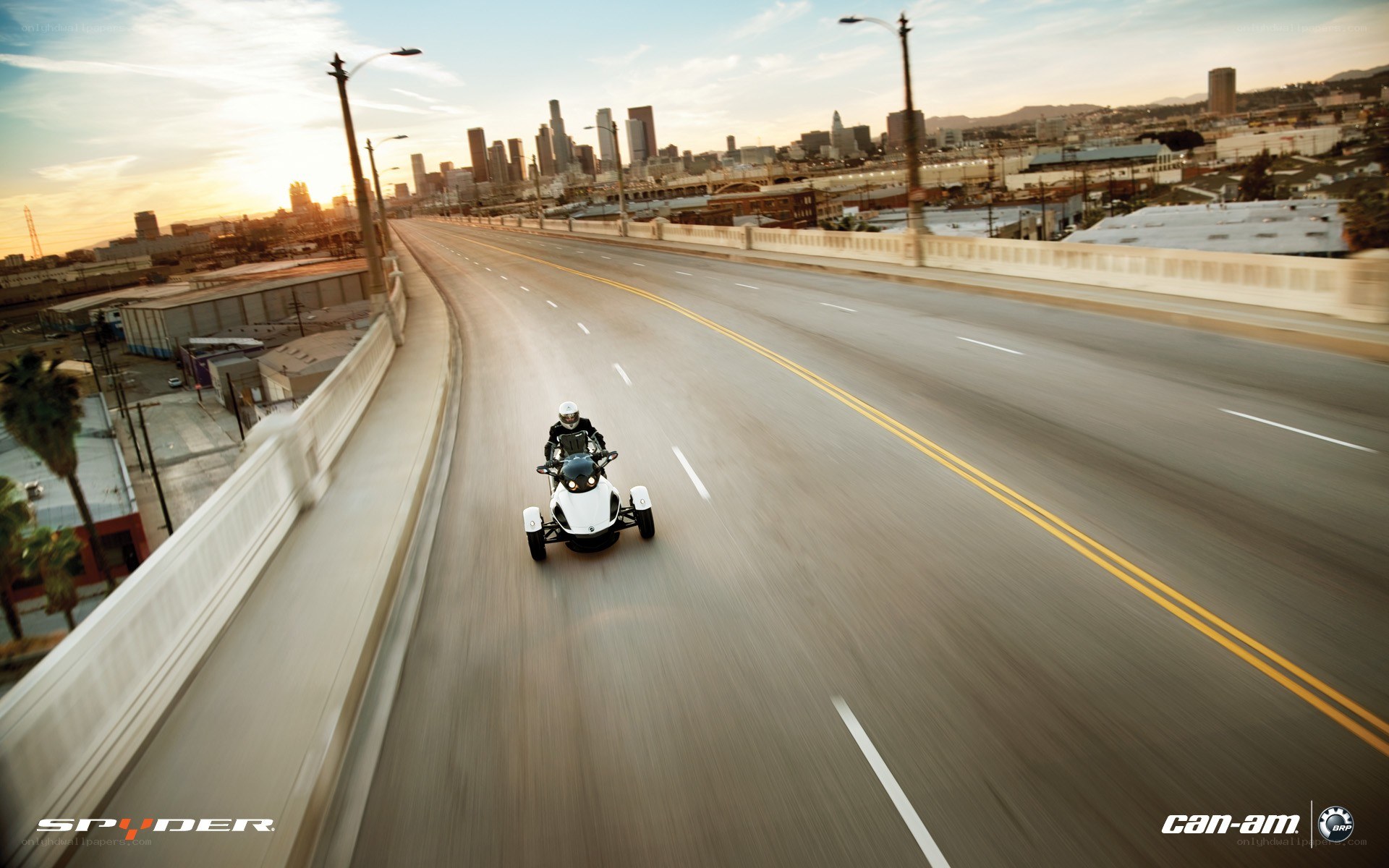 Spyder on city bridge at sunset