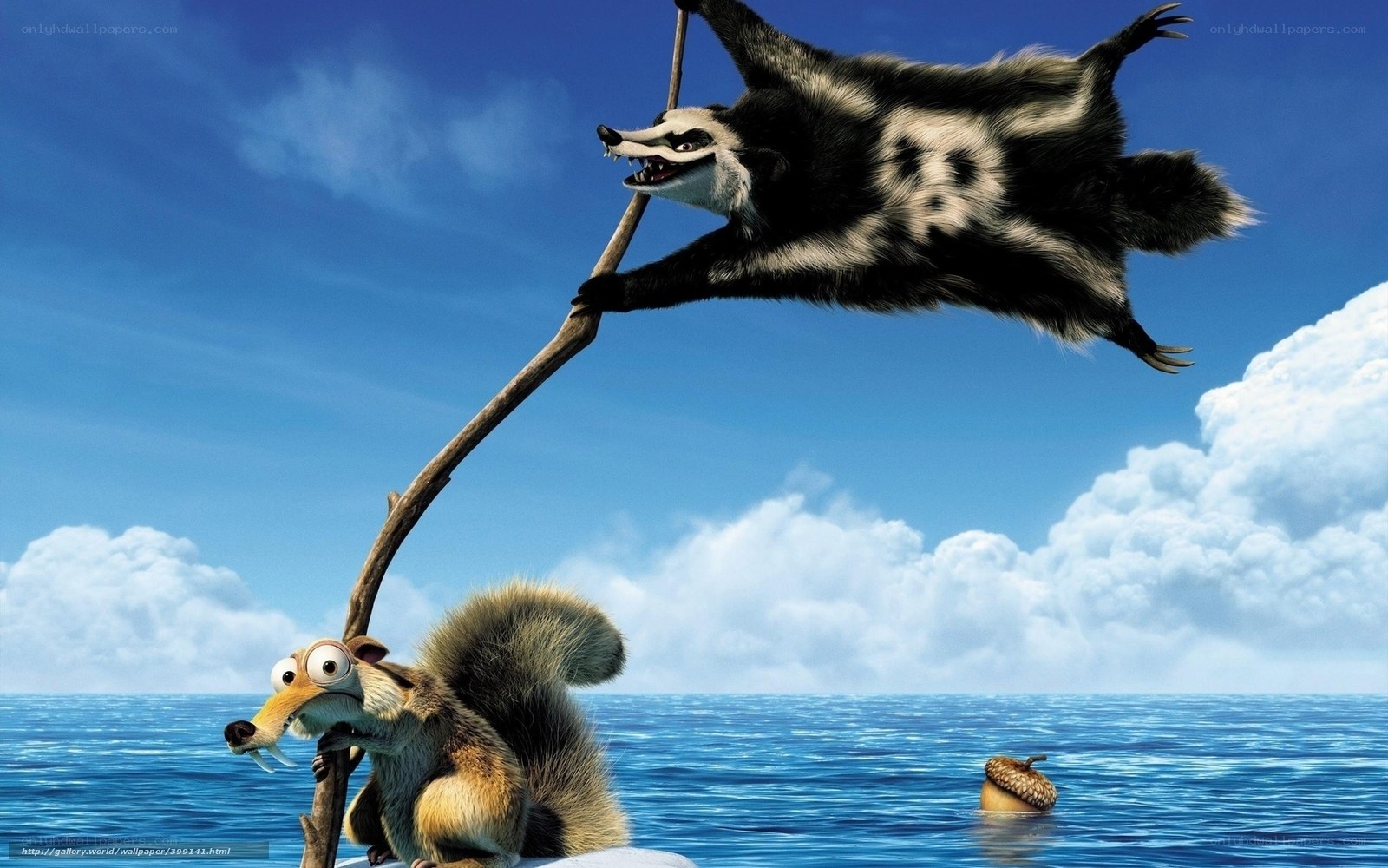 Squirrel and badger on a raft
