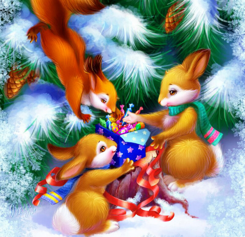 Squirrel and Bunnies with Gift