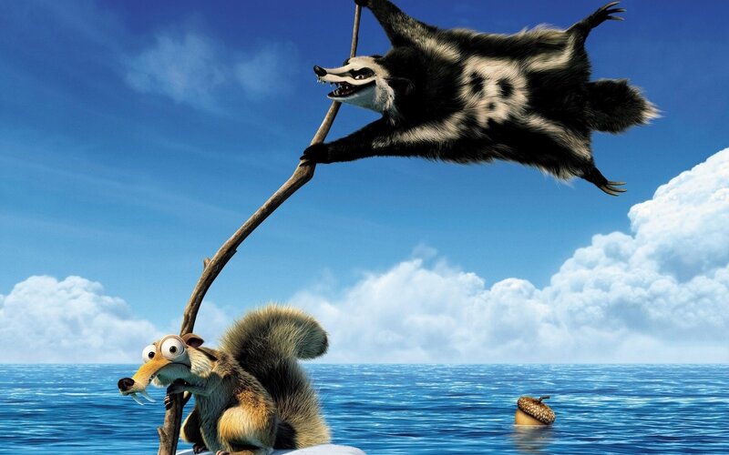Squirrel and skunk on a raft