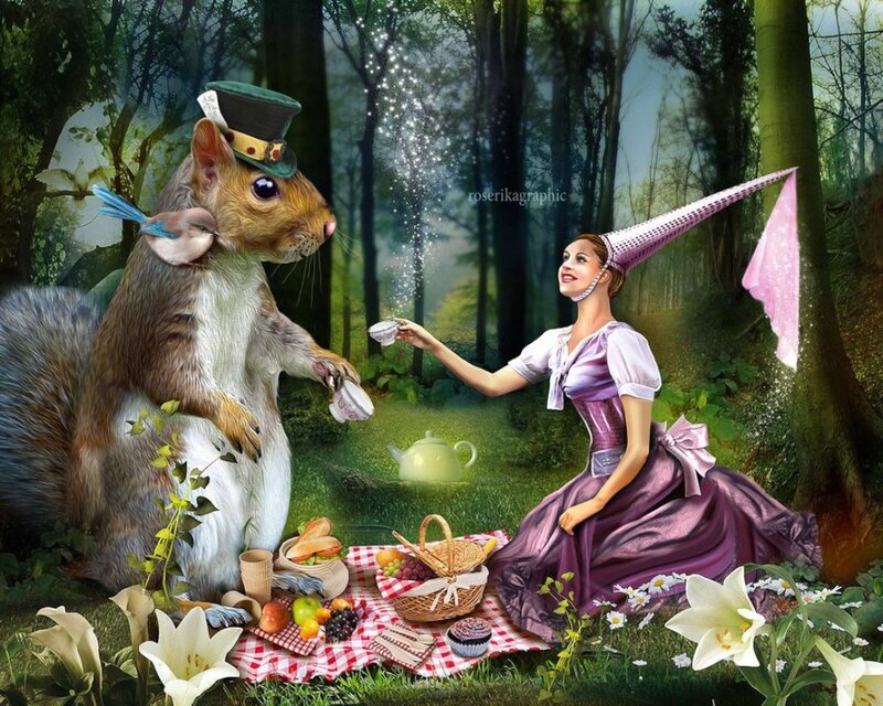 Squirrel and Woman in Forest