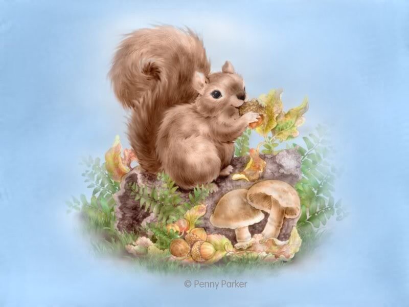 Squirrel Eating Acorn — Brown, Serene