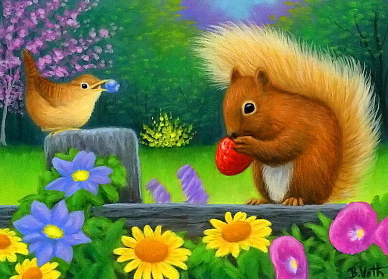 Squirrel Eating Apple — Green, Peaceful