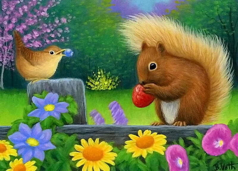 Squirrel Eating Apple — Green, Serene