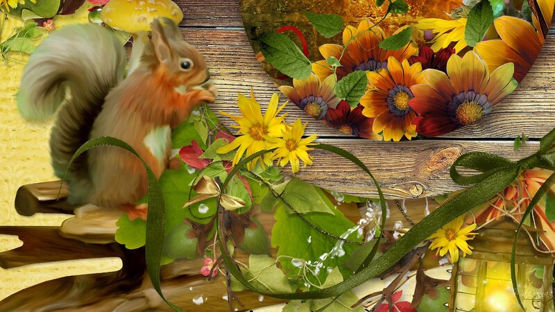 Squirrel Eating Flower — Yellow, Peaceful