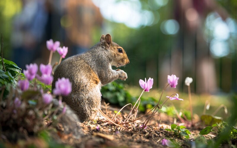 Squirrel Eating Flowers — Brown