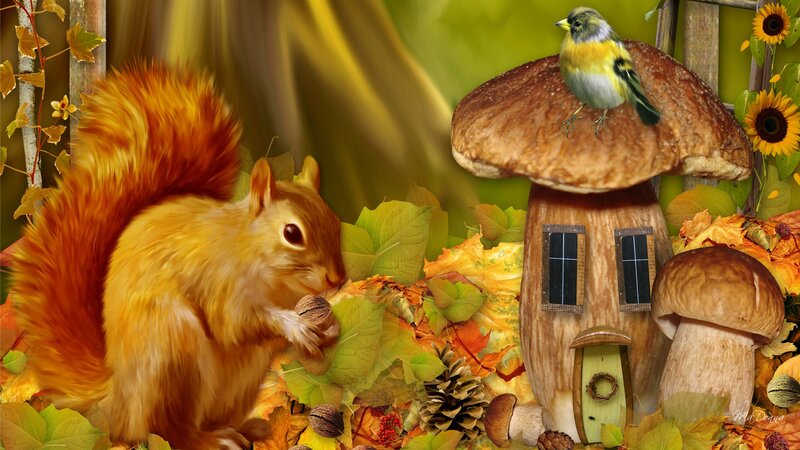 Squirrel Eating Nut — Brown, Whimsical