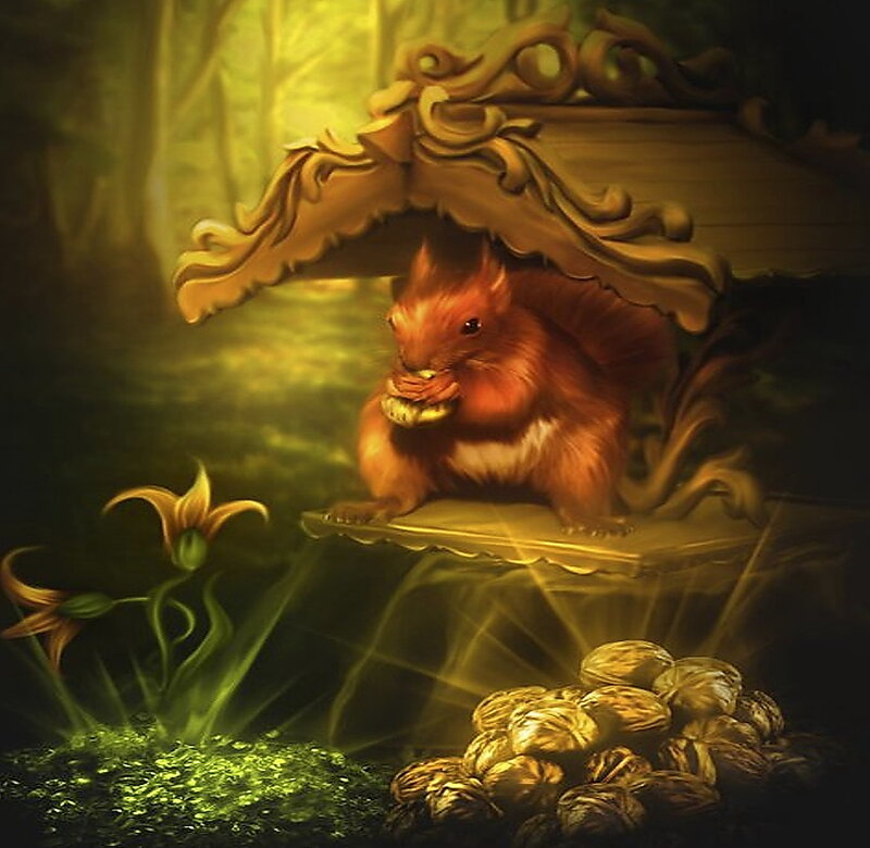 Squirrel Eating Nut — Green, Mysterious