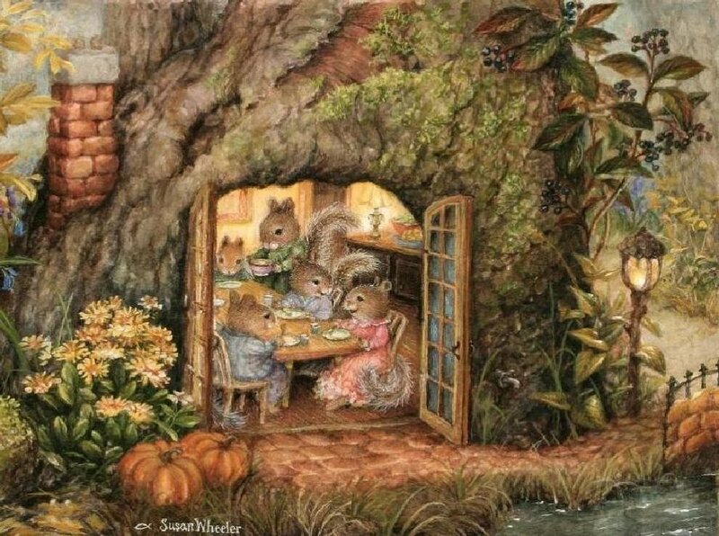 Squirrel Family at Table — Brown