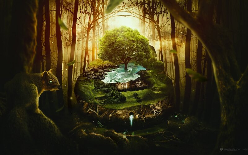 Squirrel in Forest — Green, Serene, Morning, Digital Art, Tree, Stream