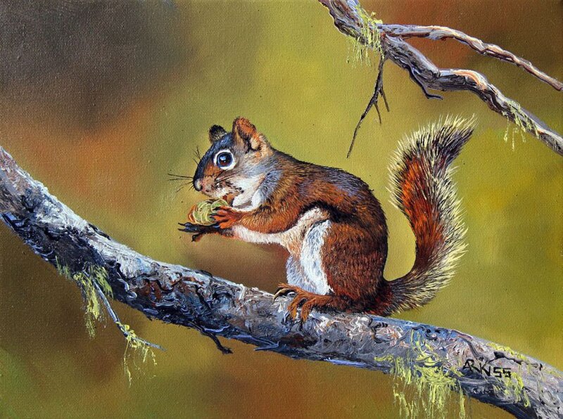 Squirrel on Tree Branch — Brown, Calm, Autumn, Painting