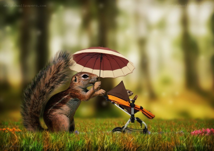 Squirrel with stroller and umbrella