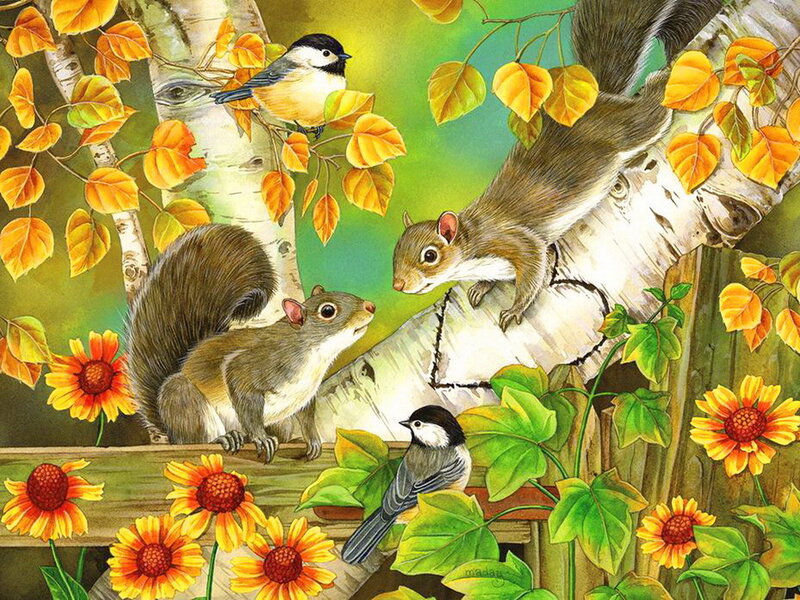 Squirrels and Birds in Tree