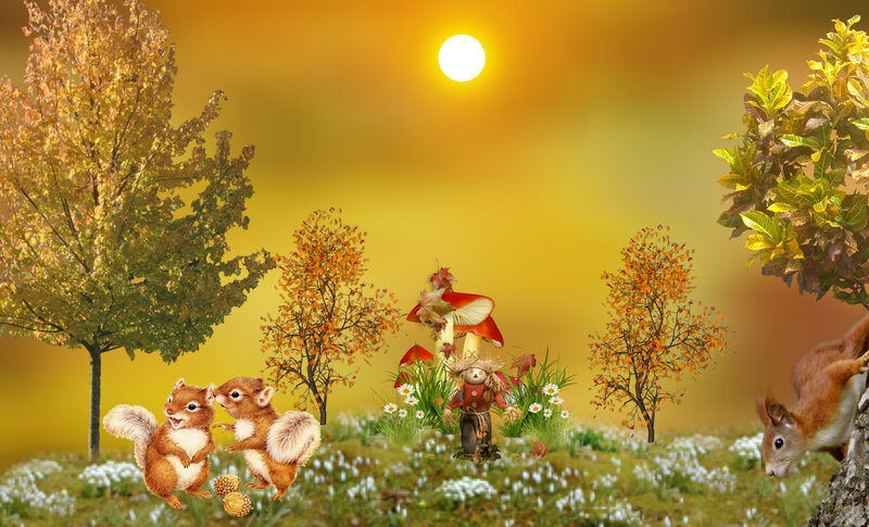 Squirrels in Autumn Field — Yellow