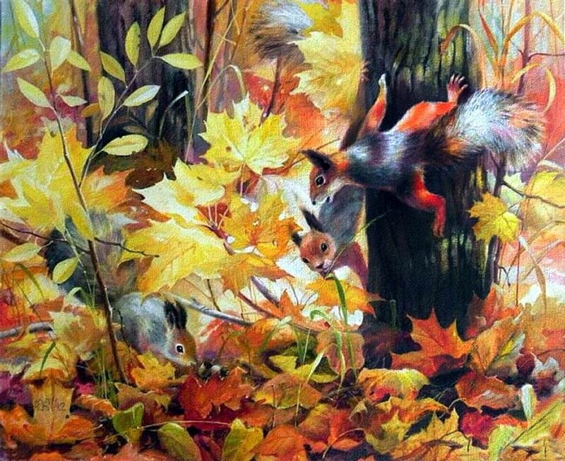 Squirrels in Autumn Leaves