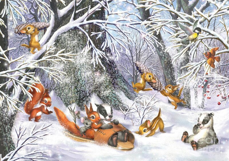 Squirrels in Winter Forest