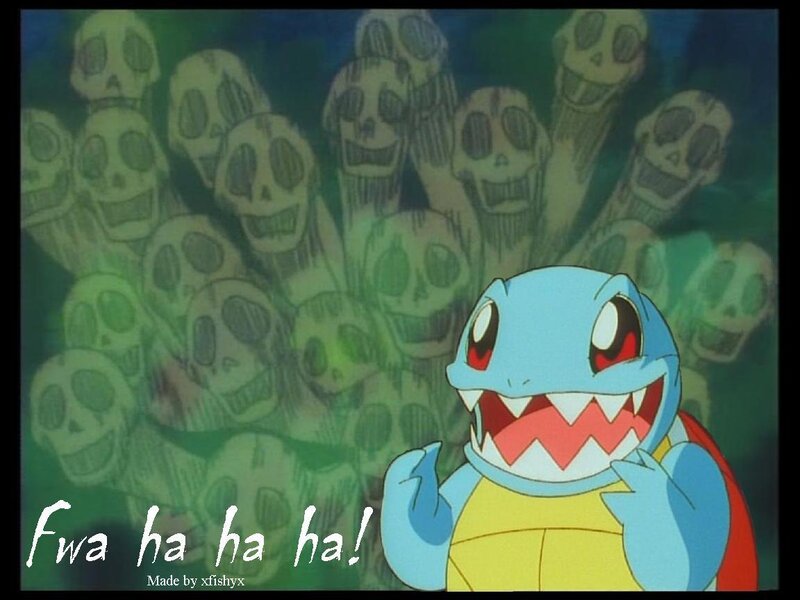 Squirtle laughing at skeletons