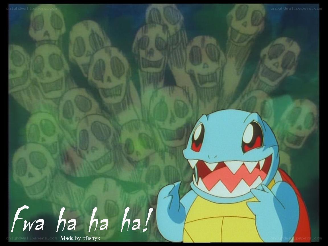 Squirtle laughing at skeletons