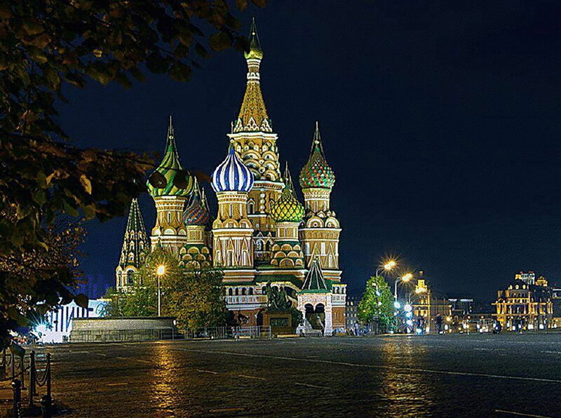 St. Basil's Cathedral — Blue, Dramatic, Night, Photograph, Trees