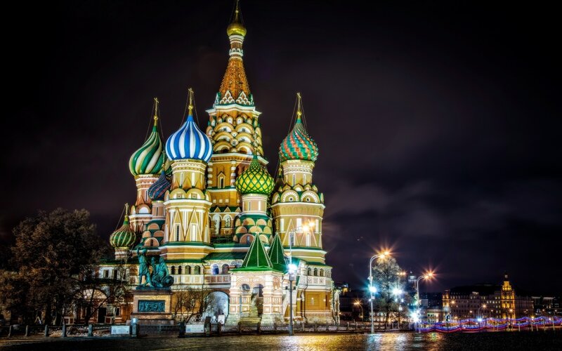St. Basil's Cathedral — Red, Dramatic, Night, Photograph, Dome