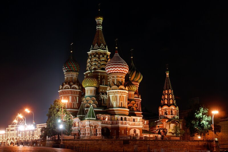 St. Basil's Cathedral — Red, Dramatic, Night, Photograph, Domes