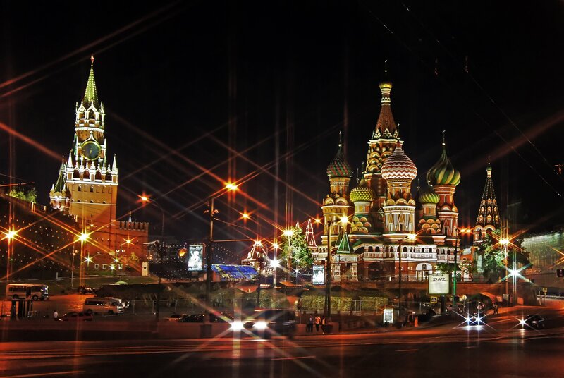 St. Basil's Cathedral — Red, Dramatic, Night, Photograph, Kremlin, Clock Tower
