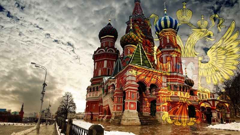 St. Basil's Cathedral — Red, Dramatic, Winter, Photograph, Snow, Clouds, Coat of Arms