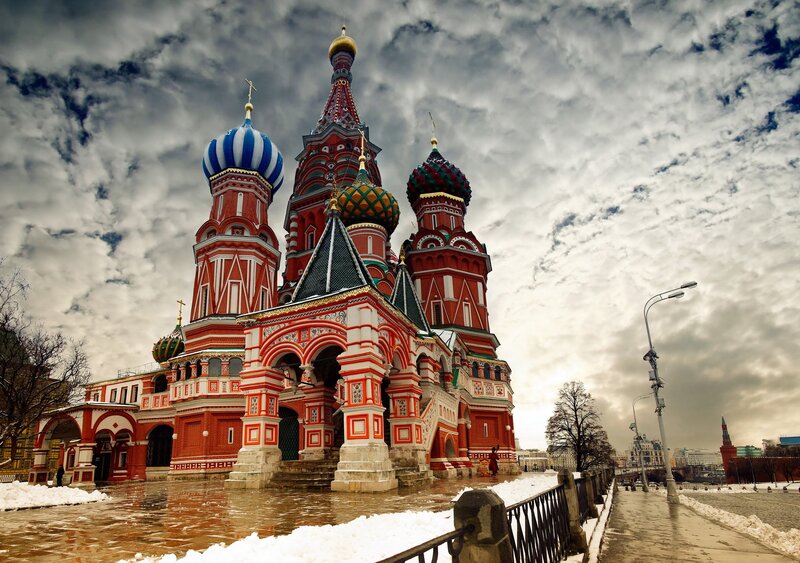 St. Basil's Cathedral — Red, Dramatic, Winter, Photograph, Snow, Clouds, Street Lamp, Blue, White
