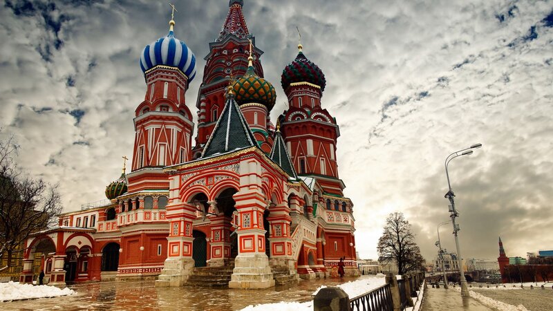 St. Basil's Cathedral — Red, Dramatic, Winter, Photograph, Snow, Clouds, Streetlight