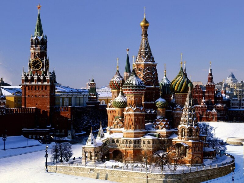St. Basil's Cathedral — Red, Serene, Winter, Photograph, Clock Tower, Snow