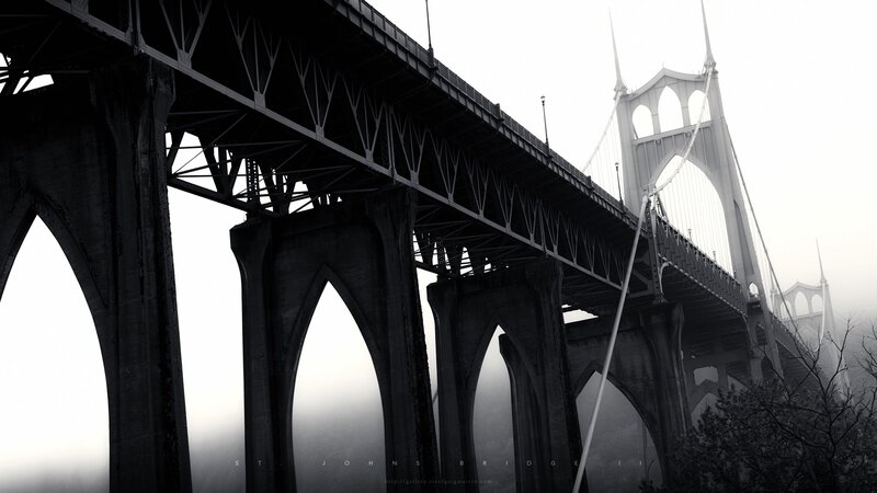 St Johns Bridge — Black, Dramatic, Photograph, Fog, Trees