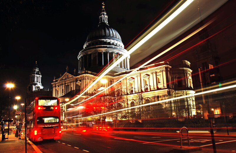St Paul's Cathedral at Night — Black, Dramatic, Photograph, Double-decker Bus