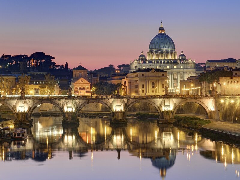 St. Peter's Basilica at Dusk — Blue, Serene, Sunset, Photograph, Bridge, River, Cityscape