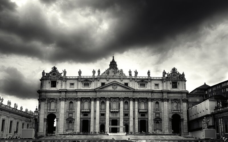 St. Peter's Basilica under stormy sky
