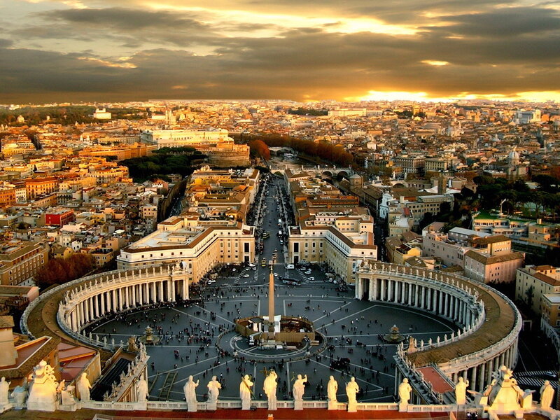 St. Peter's Square — Gold, Dramatic, Sunset, Photograph, Buildings, Statues, Obelisk, Brown