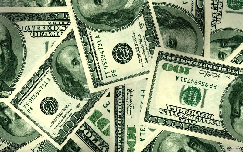 Stack of Hundred-dollar Bills — Green, Neutral, Photograph, Money, Currency, White