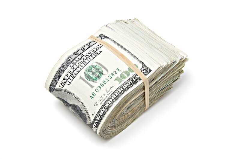 Stack of Hundred-dollar Bills — White, Neutral, Photograph, Money, Rubber Band