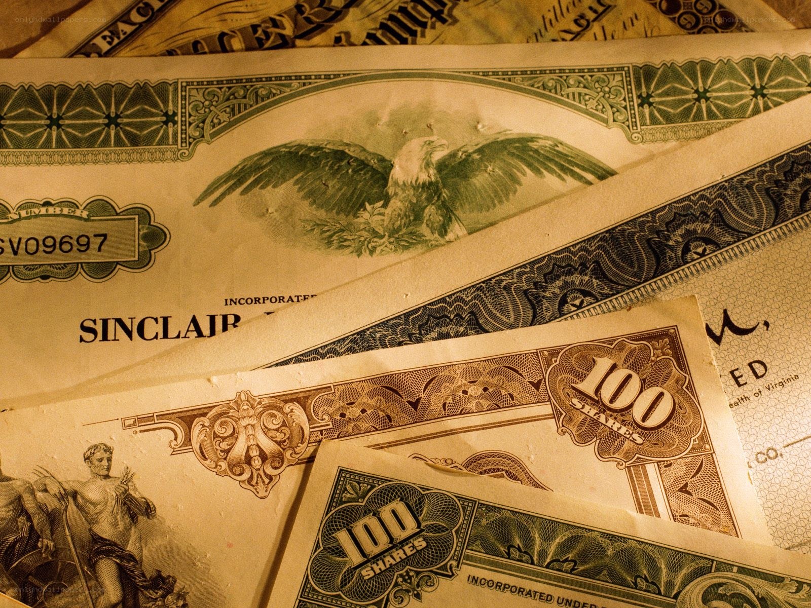 Stack of old stock certificates