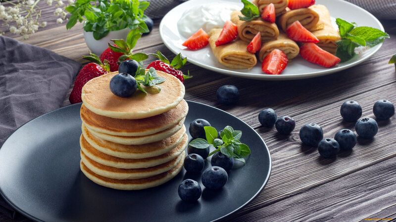 Stack of Pancakes — Brown, Appetizing, Morning, Photograph, Strawberries, Blueberries