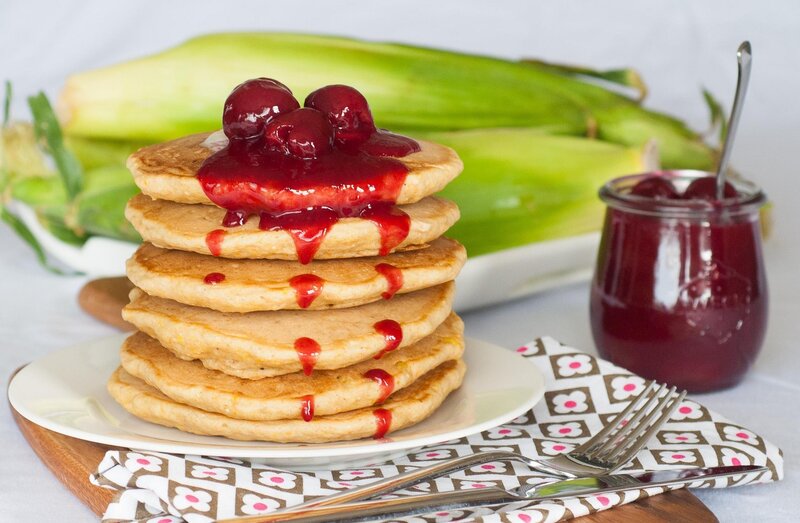 Stack of Pancakes — White, Appetizing, Morning, Photograph, Cherry Sauce