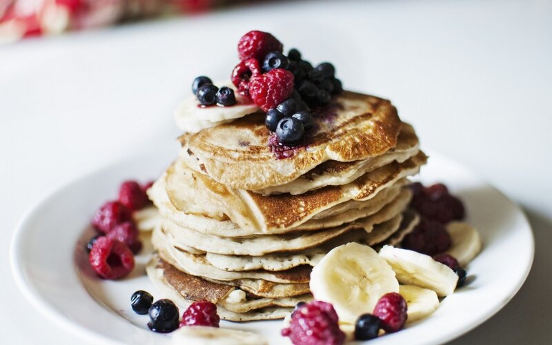 Stack of Pancakes with Berries — White, Appetizing, Morning, Photograph