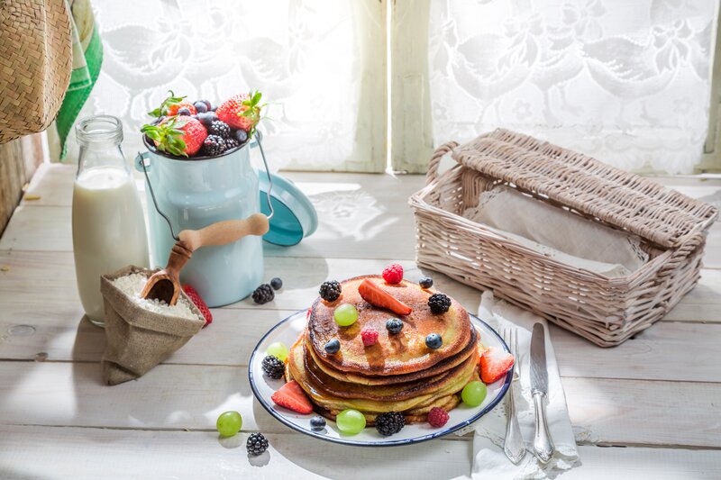Stack of Pancakes with Berries — White, Serene
